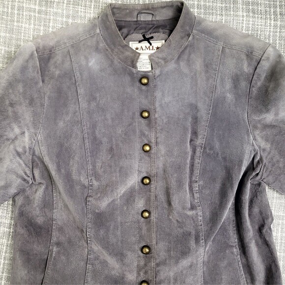 AMI Short Suede Jacket w/ Brass Toned Snaps Gray Women's M/L - Picture 16 of 16